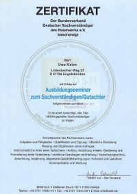 Sachverständigenbüro, Uwe Kahm, Bausach­verstän­­diger, Immobiliensach­verstän­­diger, Sach­verstän­di­ger, NRW, Siegen, Bonn, Wuppertal, Köln, Düsseldorf, Zertifikat, Urkunde